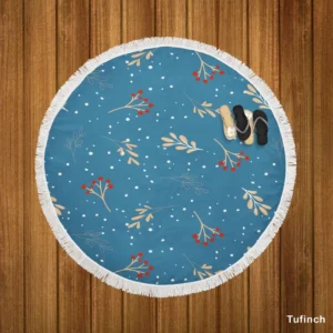 Red Viburnum Winter Leaves Pattern In Blue Round Beach Towel