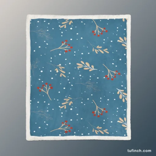 Red Viburnum Winter Leaves Pattern In Blue Sherpa Fleece Blanket 1