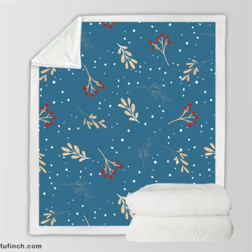 Red Viburnum Winter Leaves Pattern In Blue Sherpa Fleece Blanket