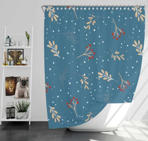 Red Viburnum Winter Leaves Pattern In Blue Shower Curtain