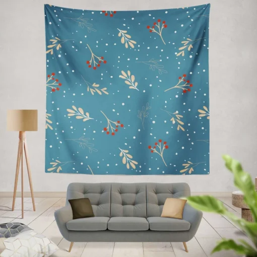 Red Viburnum Winter Leaves Pattern In Blue Wall Tapestry