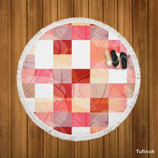 Red White Abstract Patchwork Design Round Beach Towel