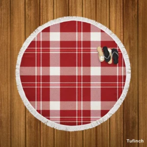 Red White Tartan Plaid Design Round Beach Towel