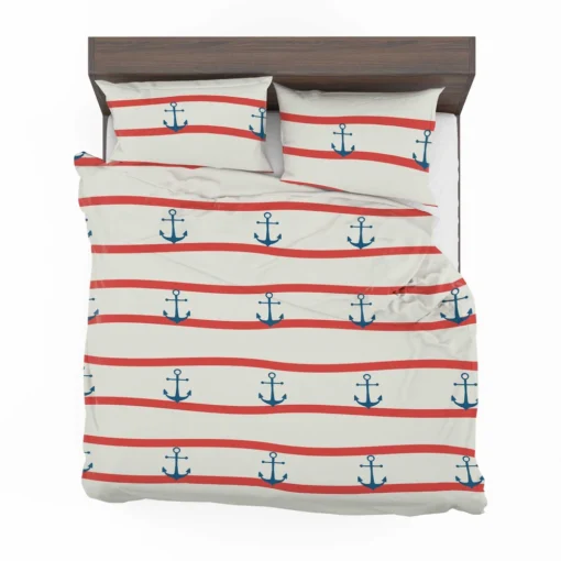 Red White Wavy Stripes Nautical Anchor Bedding Set 2