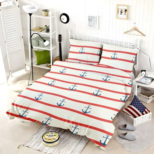 Red White Wavy Stripes Nautical Anchor Bedding Set