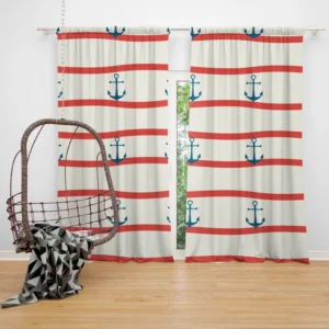 Red White Wavy Stripes Nautical Anchor Curtain