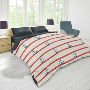 Red White Wavy Stripes Nautical Anchor Duvet Cover 1