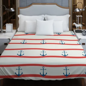 Red White Wavy Stripes Nautical Anchor Duvet Cover