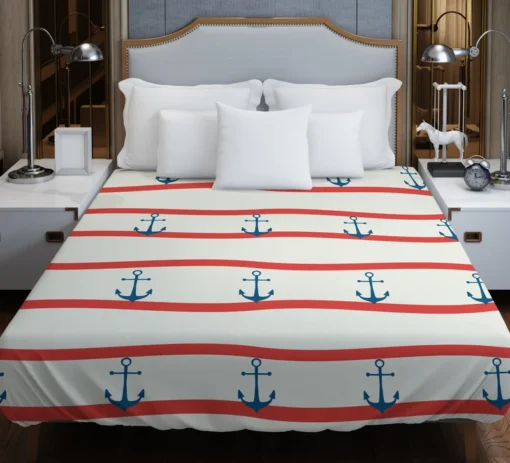 Red White Wavy Stripes Nautical Anchor Duvet Cover