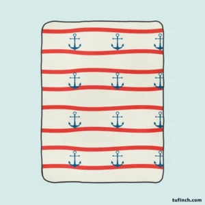 Red White Wavy Stripes Nautical Anchor Fleece Blanket 1