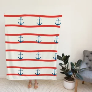 Red White Wavy Stripes Nautical Anchor Fleece Blanket