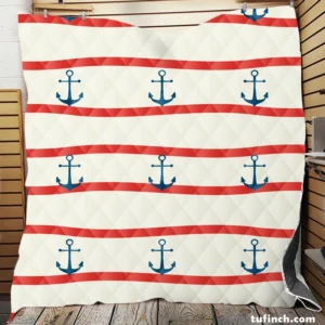 Red White Wavy Stripes Nautical Anchor Quilt Blanket