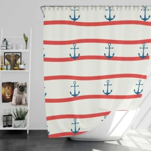 Red White Wavy Stripes Nautical Anchor Shower Curtain