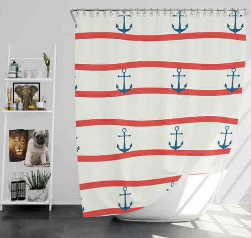 Red White Wavy Stripes Nautical Anchor Shower Curtain