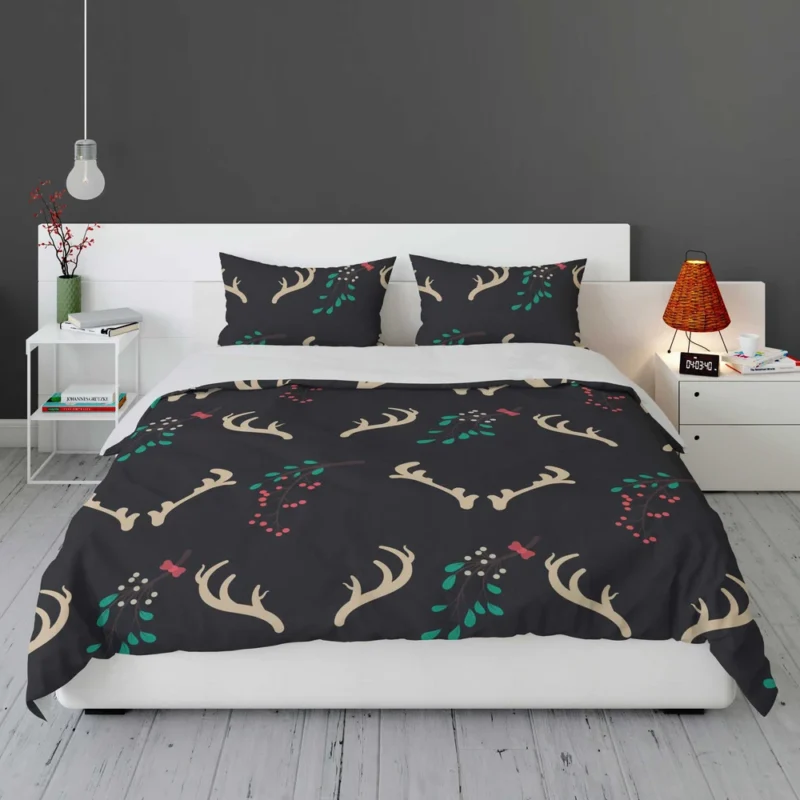 Reindeer Antlers Winter Berries In Black Bedding Set 1