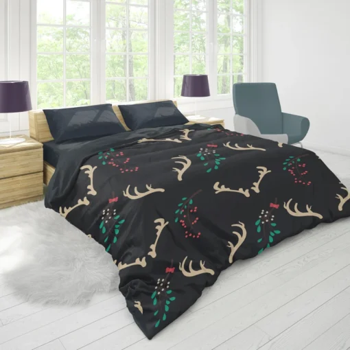 Reindeer Antlers Winter Berries In Black Duvet Cover 1