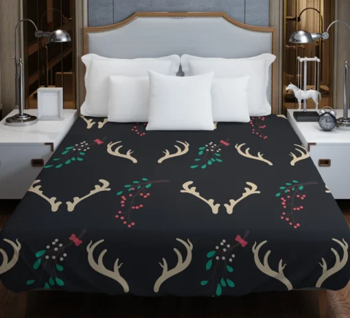 Reindeer Antlers Winter Berries In Black Duvet Cover