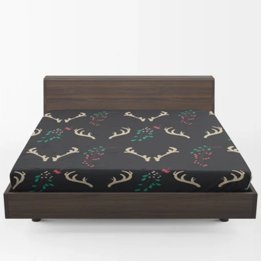 Reindeer Antlers Winter Berries In Black Fitted Sheet 1