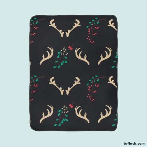 Reindeer Antlers Winter Berries In Black Fleece Blanket 1