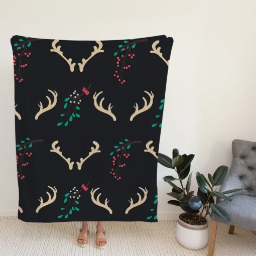 Reindeer Antlers Winter Berries In Black Fleece Blanket