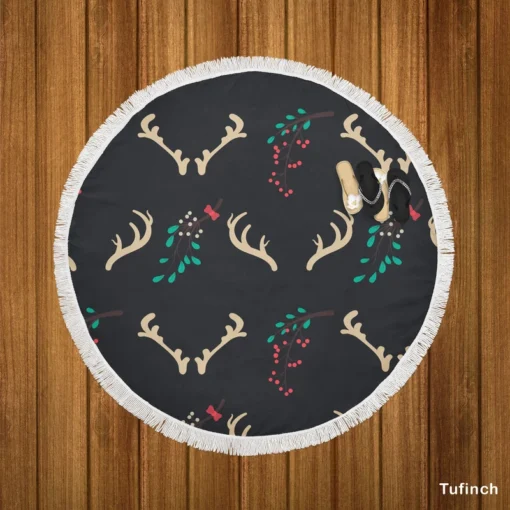 Reindeer Antlers Winter Berries In Black Round Beach Towel