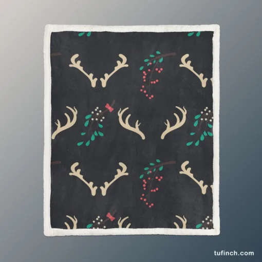 Reindeer Antlers Winter Berries In Black Sherpa Fleece Blanket 1