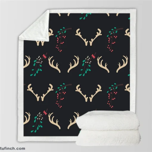 Reindeer Antlers Winter Berries In Black Sherpa Fleece Blanket