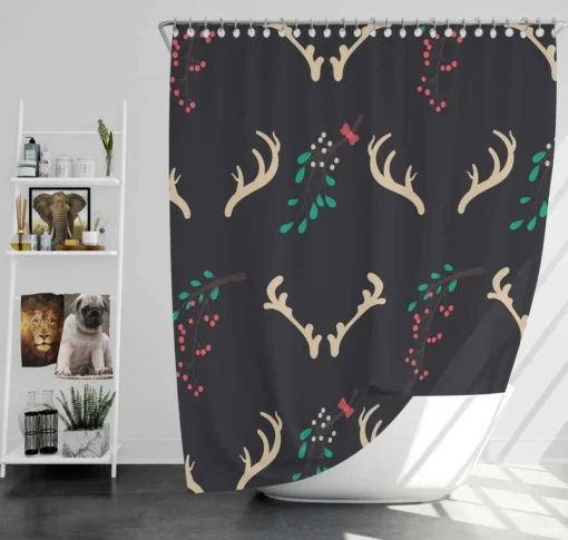 Reindeer Antlers Winter Berries In Black Shower Curtain