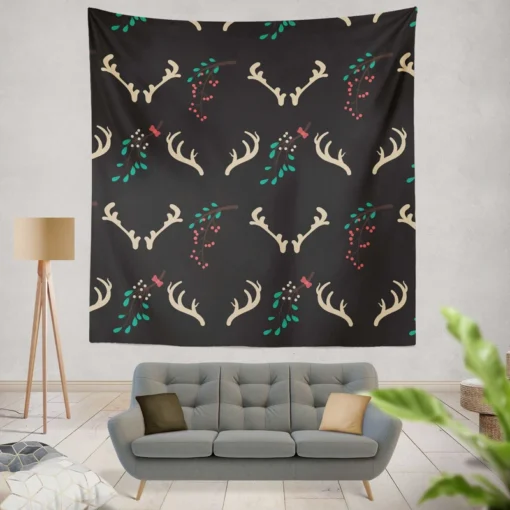 Reindeer Antlers Winter Berries In Black Wall Tapestry