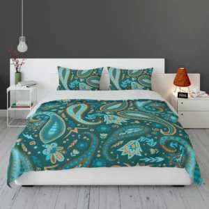 Robin Egg Blue Paisley Floral On Deep Teal Bedding Set 1