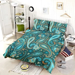 Robin Egg Blue Paisley Floral On Deep Teal Bedding Set