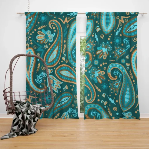 Robin Egg Blue Paisley Floral On Deep Teal Curtain