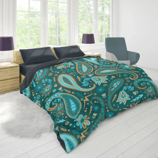 Robin Egg Blue Paisley Floral On Deep Teal Duvet Cover 1