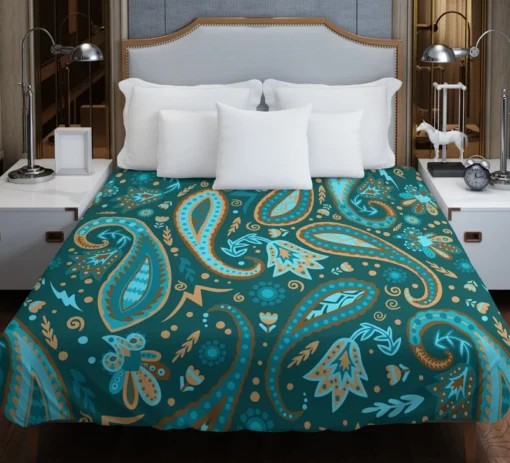 Robin Egg Blue Paisley Floral On Deep Teal Duvet Cover