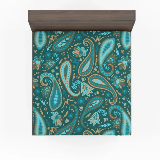 Robin Egg Blue Paisley Floral On Deep Teal Fitted Sheet