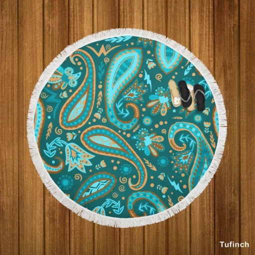 Robin Egg Blue Paisley Floral On Deep Teal Round Beach Towel