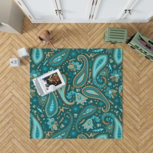 Robin Egg Blue Paisley Floral On Deep Teal Rug