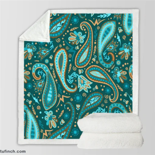 Robin Egg Blue Paisley Floral On Deep Teal Sherpa Fleece Blanket