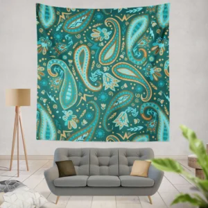 Robin Egg Blue Paisley Floral On Deep Teal Wall Tapestry