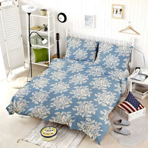 Rose Floral Pattern Moonstone Blue Bedding Set