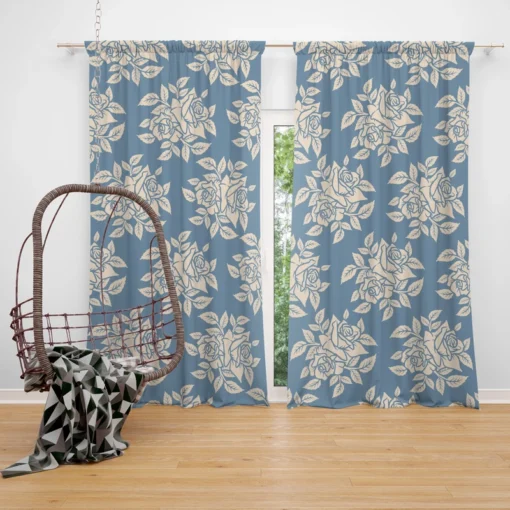 Rose Floral Pattern Moonstone Blue Curtain