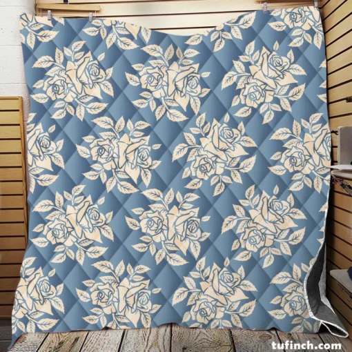 Rose Floral Pattern Moonstone Blue Quilt Blanket