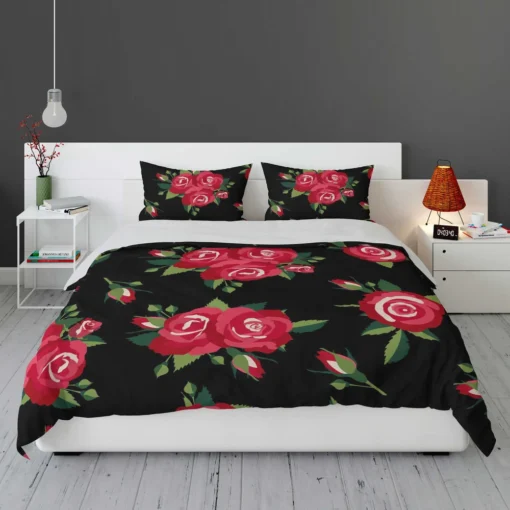 Roses & Rose Buds On Black Bedding Set 1