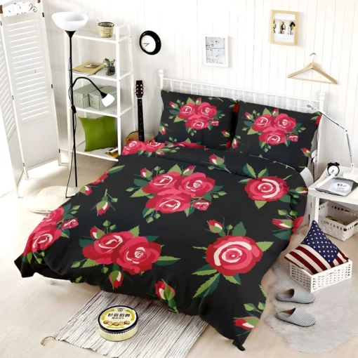 Roses & Rose Buds On Black Bedding Set