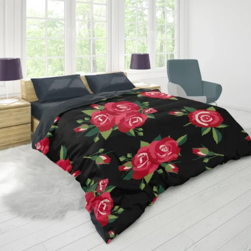 Roses & Rose Buds On Black Duvet Cover 1