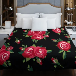 Roses & Rose Buds On Black Duvet Cover