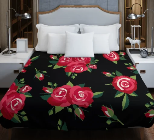 Roses & Rose Buds On Black Duvet Cover