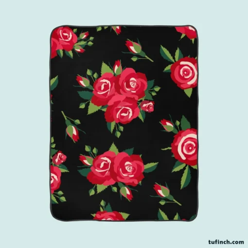 Roses & Rose Buds On Black Fleece Blanket 1