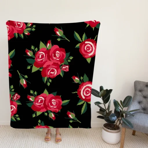 Roses & Rose Buds On Black Fleece Blanket