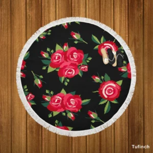 Roses & Rose Buds On Black Round Beach Towel